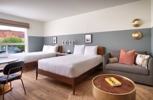 Moab Hotel | Deluxe Two Queens + Sofa Bed at Gravity Haus Moab, Pool, Pets Are Allowed