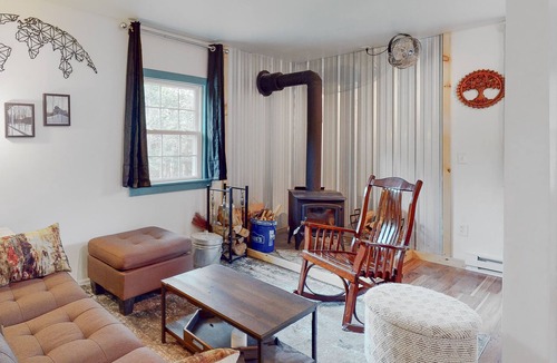 North Troy Cabin | Secluded, dog-friendly cabin with a deck, large yard, firepit, & wood stove