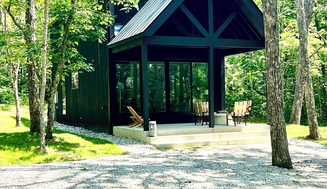 Black Sparrow is a new, perfect, 2-bedroom, 2-bath wooded chalet on private lake in Altamont